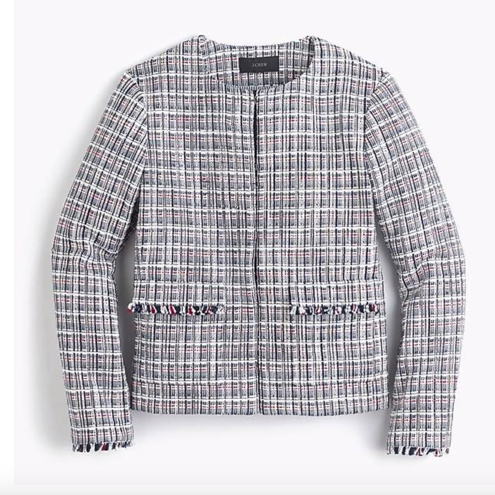 New J. Crew Tweed Plaid Fringe-trim Blazer Lady Suit Jacket Coat